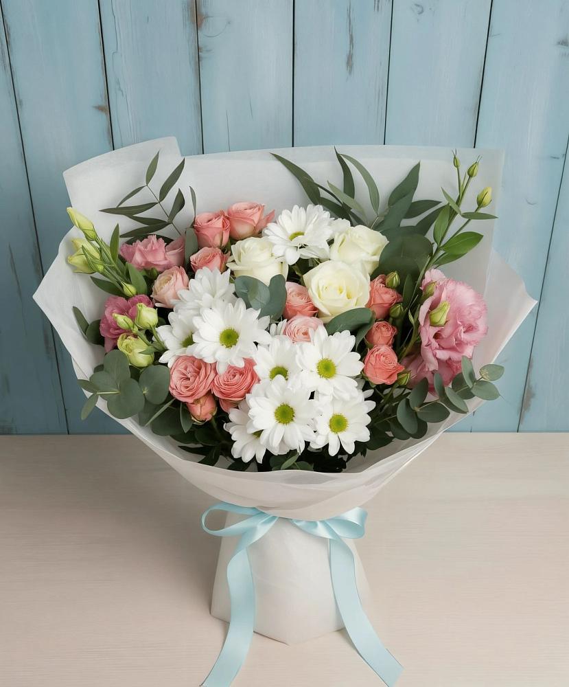 Букет цветов из: Розы, Лизиантусы и Хризантемы в Горки
