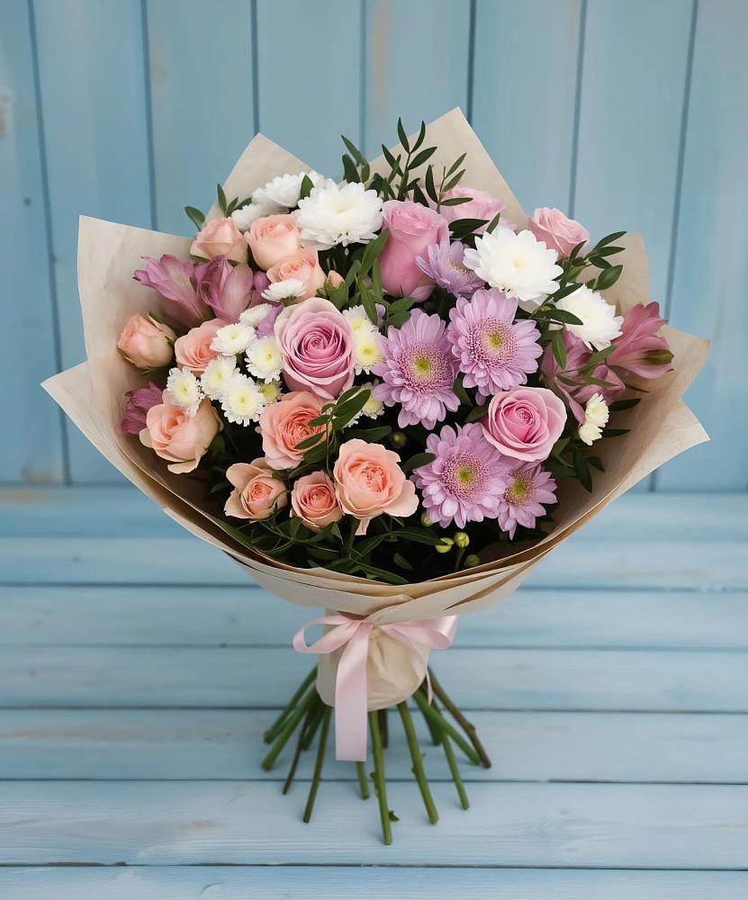 Букет цветов из: Хризантемы, Розы и Альстромерии в Горки