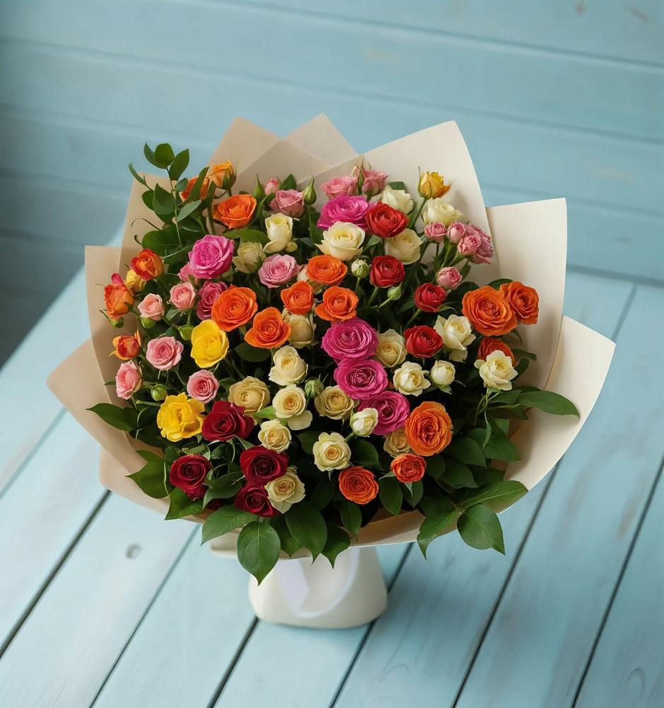 Букет Микс из разноцветных кустовых роз в Горки