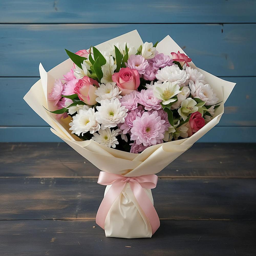 Букет цветов из: Хризантемы, Альстромерии и Розы в Горки